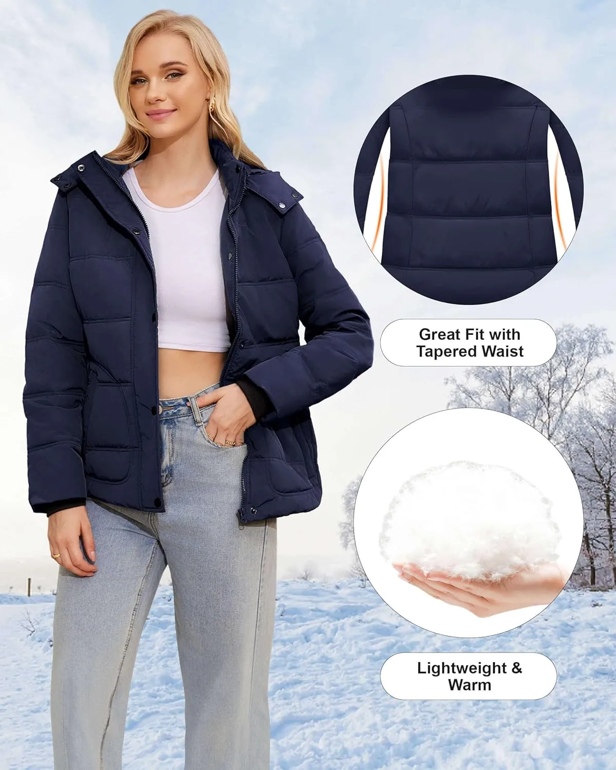 WULFUL Women's Winter Coats Lightweight Warm Thicken Puffer Jacket Waterproof Quilted Winter Jacket with Removable Hood