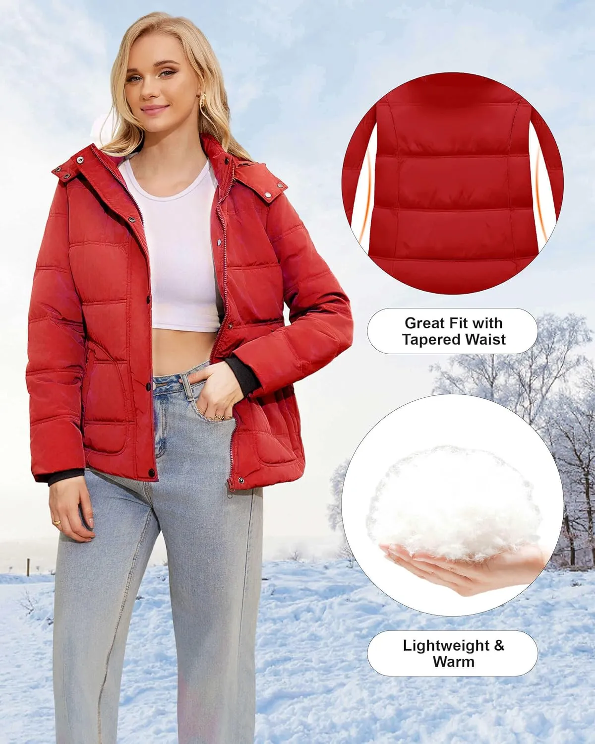 WULFUL Women's Winter Coats Lightweight Warm Thicken Puffer Jacket Waterproof Quilted Winter Jacket with Removable Hood