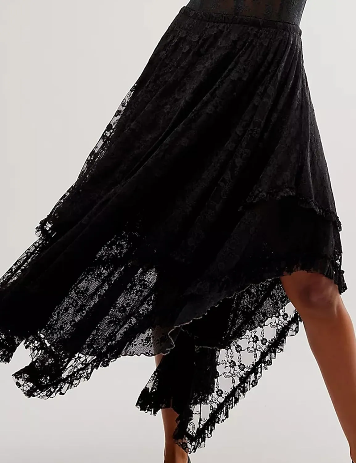 Yimoon Women's Floral Lace Long Skirts Elastic Asymmetrical Layered See-Through Maxi Skirts Sexy Sheer Flowy Beach Skirt