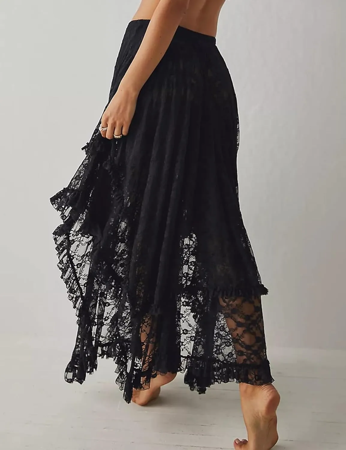 Yimoon Women's Floral Lace Long Skirts Elastic Asymmetrical Layered See-Through Maxi Skirts Sexy Sheer Flowy Beach Skirt