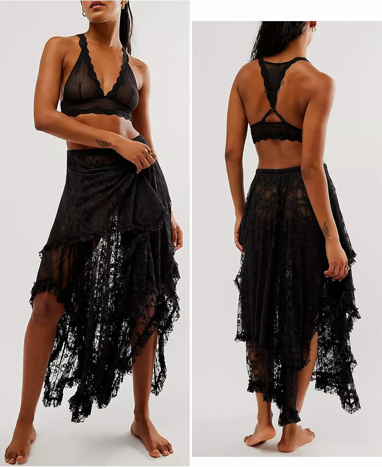 Yimoon Women's Floral Lace Long Skirts Elastic Asymmetrical Layered See-Through Maxi Skirts Sexy Sheer Flowy Beach Skirt