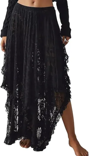 Yimoon Women's Floral Lace Long Skirts Elastic Asymmetrical Layered See-Through Maxi Skirts Sexy Sheer Flowy Beach Skirt