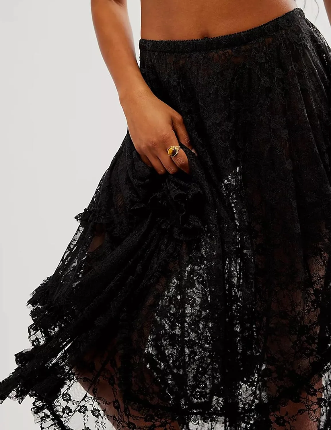 Yimoon Women's Floral Lace Long Skirts Elastic Asymmetrical Layered See-Through Maxi Skirts Sexy Sheer Flowy Beach Skirt