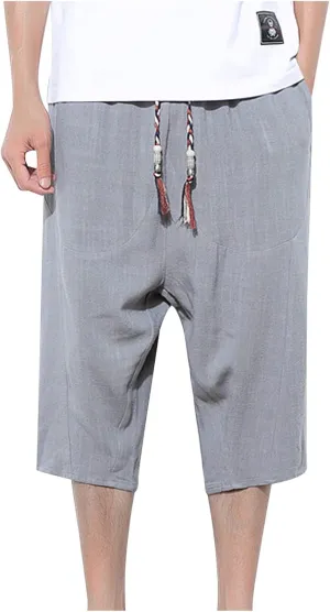 Ymosrh Men's Shorts Fashion Casual Solid Color Drawstring Pocket Calf-Length Pants Shorts