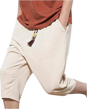 Ymosrh Men's Shorts Fashion Casual Solid Color Drawstring Pocket Calf-Length Pants Shorts