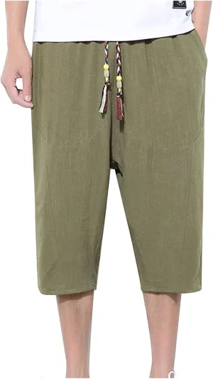 Ymosrh Men's Shorts Fashion Casual Solid Color Drawstring Pocket Calf-Length Pants Shorts