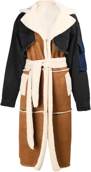 yoeasy Women's Color Block Lapel Sherpa Lined Long Jacket Belt Denim Splicing Coats With Pockets