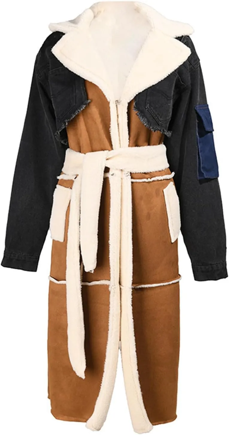yoeasy Women's Color Block Lapel Sherpa Lined Long Jacket Belt Denim Splicing Coats With Pockets
