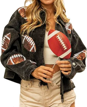 yoeasy Women's Corduroy Rugby Sequin Crop Jacket Raw Hem Vintage Football Distressed Short Jacket Coat With Pockets