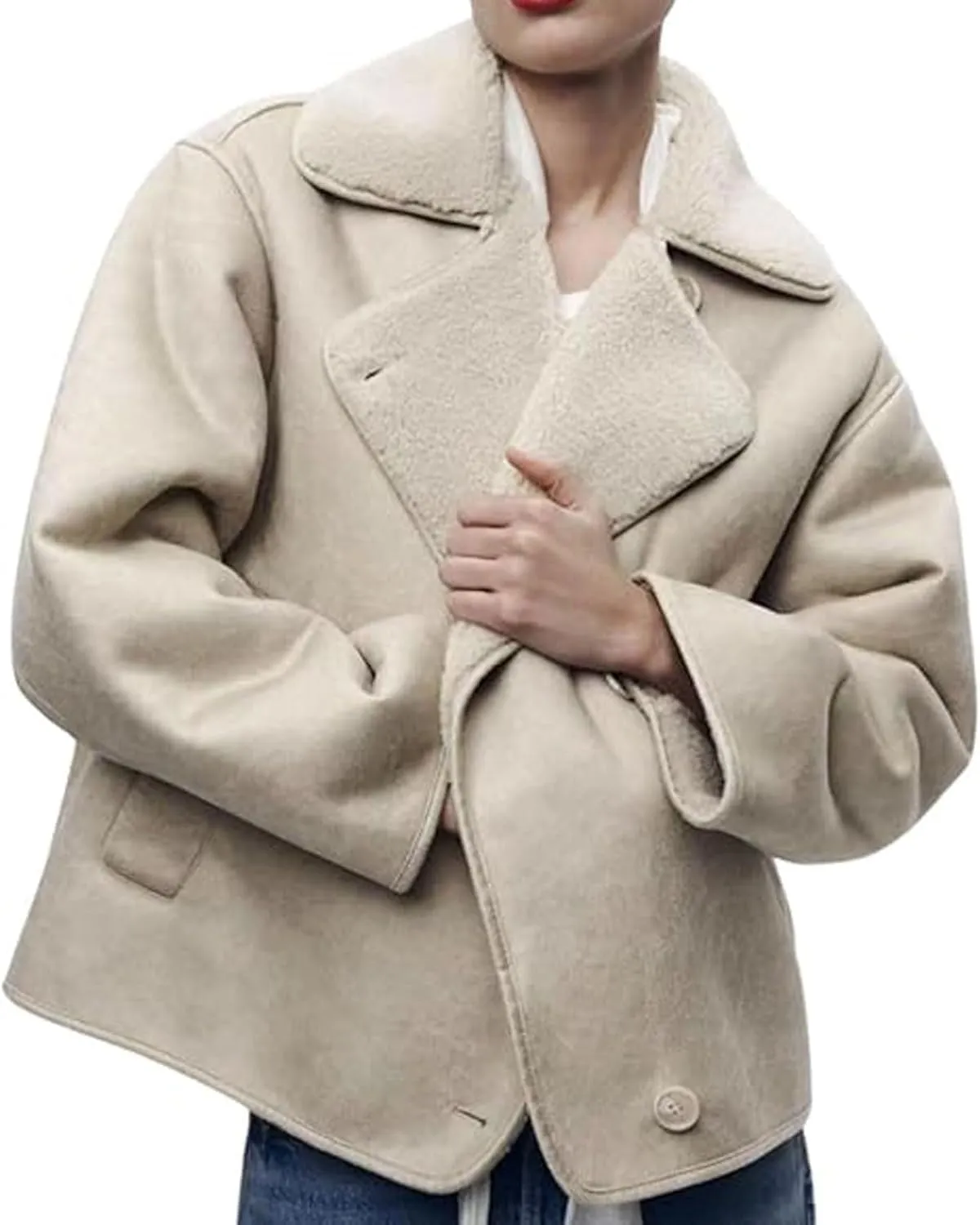 yoeasy Womens Winter Thick Sherpa Lined Faux Suede Jacket Casual Motorcycle Biker Oversized Leather Jacket Coat