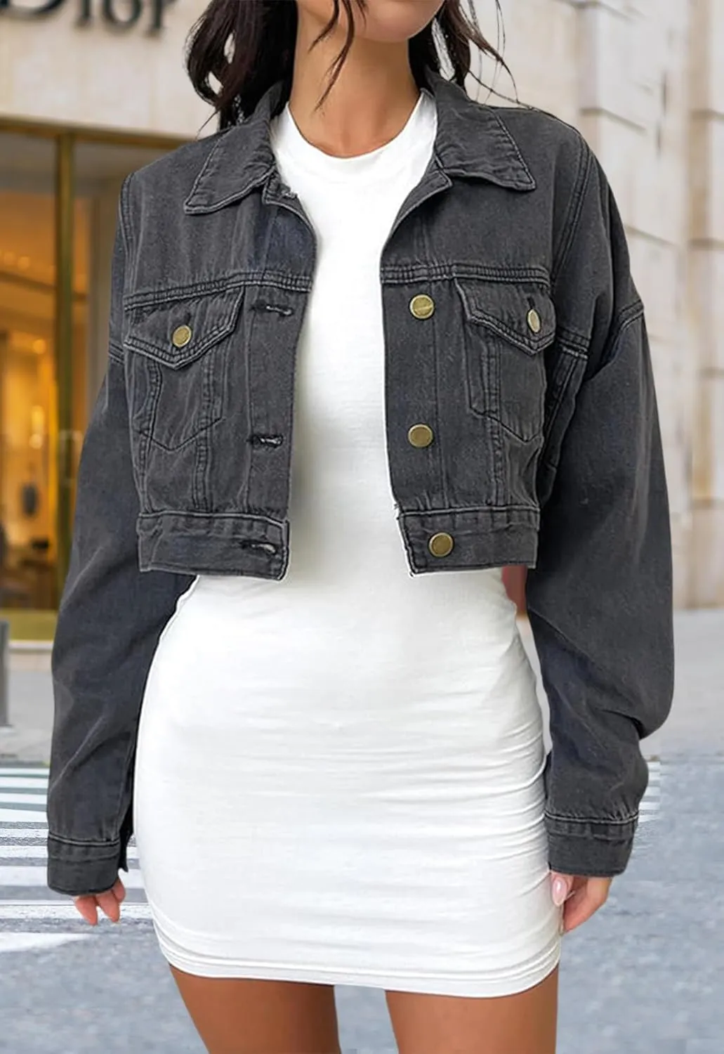 ZERMOM Women's Cropped Denim Jacket Button Down Long Sleeve Fitted Crop Top Jean Coat