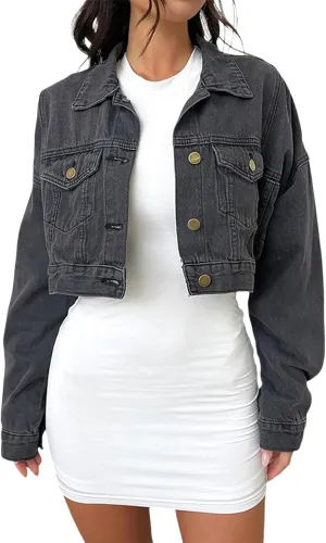 ZERMOM Women's Cropped Denim Jacket Button Down Long Sleeve Fitted Crop Top Jean Coat
