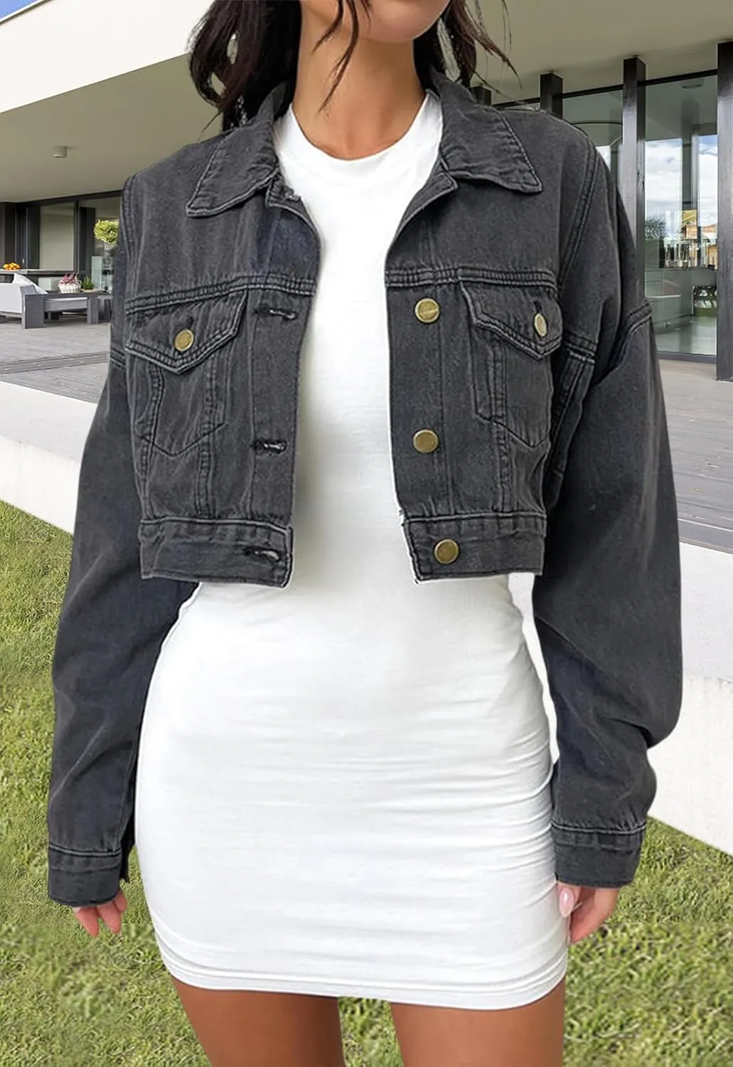 ZERMOM Women's Cropped Denim Jacket Button Down Long Sleeve Fitted Crop Top Jean Coat