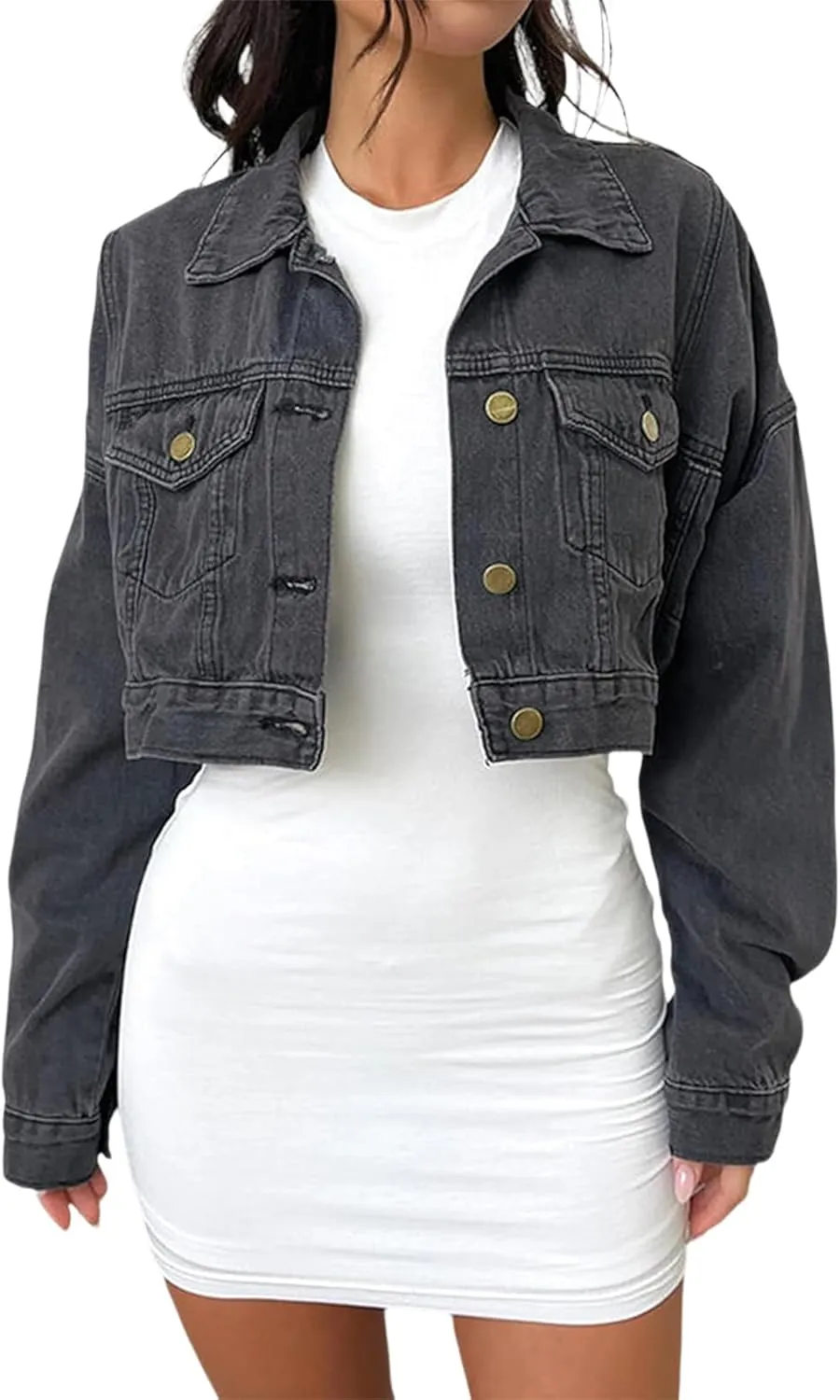 ZERMOM Women's Cropped Denim Jacket Button Down Long Sleeve Fitted Crop Top Jean Coat