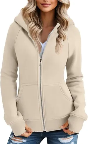 Zip Up Hoodie Women Comfy Warm Fleece Jacket Oversized Sweatshirt Thumb Hole Workout Winter Jackets Coat with Pocket