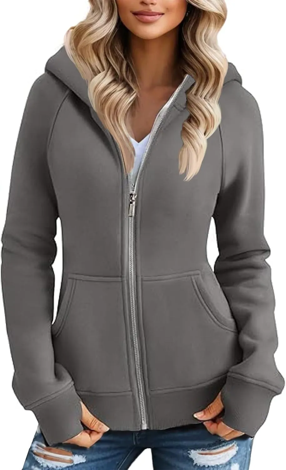 Zip Up Hoodie Women Comfy Warm Fleece Jacket Oversized Sweatshirt Thumb Hole Workout Winter Jackets Coat with Pocket