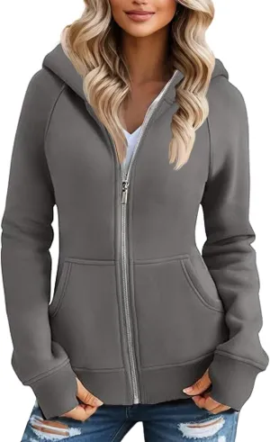 Zip Up Hoodie Women Comfy Warm Fleece Jacket Oversized Sweatshirt Thumb Hole Workout Winter Jackets Coat with Pocket