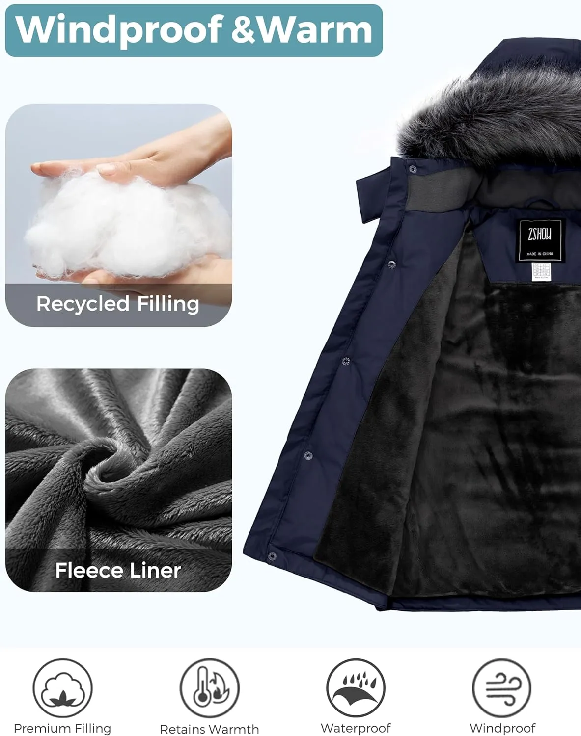 ZSHOW Boys' Warm Winter Coat Waterproof Parka Hooded Puffer Jacket